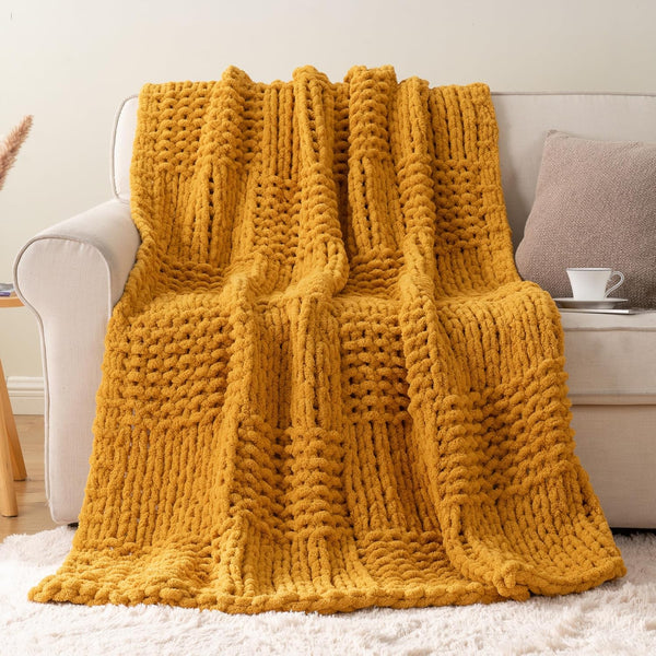 Bunnikins & Clover Mustard Yellow Throw Blanket for Couch, Chunky Knit Gold