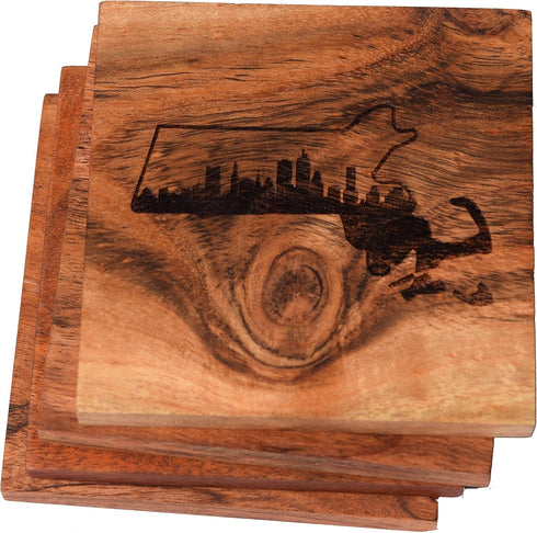 Boston Coasters Set of 4, Engraved Acacia Wood Drink Coasters with Boston Skyline Design