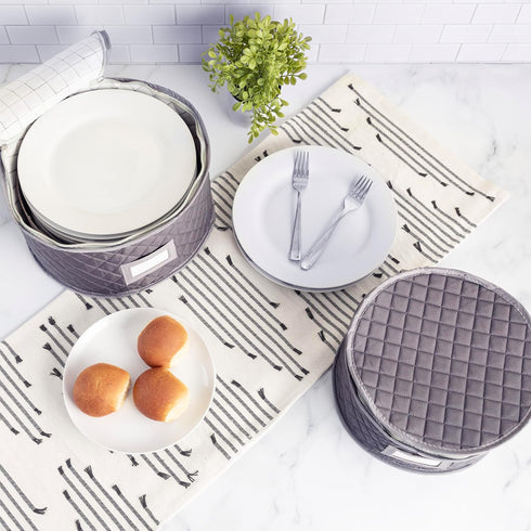Fine China Storage - Set of 4 Quilted Cases for Dinnerware, Sizes: 12" - 10" - 8" and 7" Wide, Gray