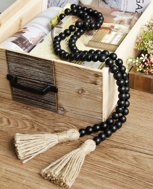 58in Wood Bead Garland with Tassels, Farmhouse Rustic Country Decor, Boho Wall Hanging Decoration (Black)