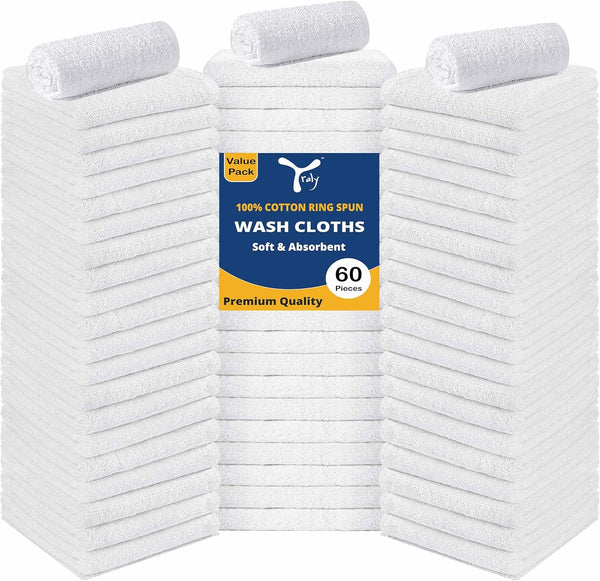 YRALY Cotton Washcloths Bulk (60 Pack) - 100% Ring Spun Cotton, Premium Quality