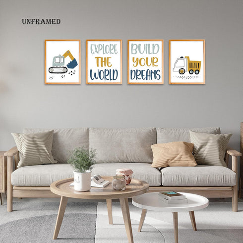 Set 4 8x10 Inches BearCake Construction Decor for Boys Room, Cartoon Excavator Truck Wall Art Poster Prints