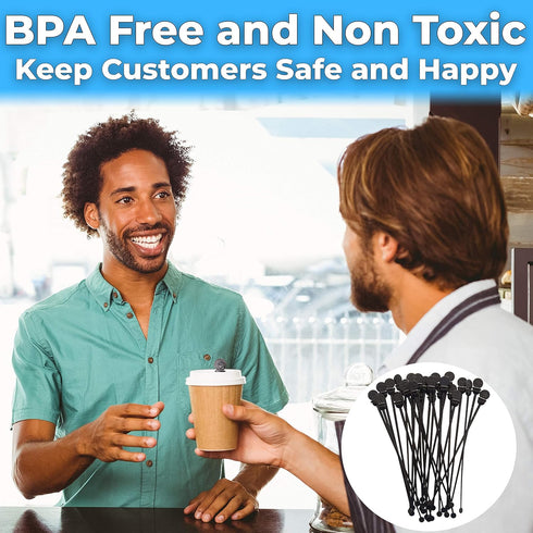 7 200 Pack. Cafe Grade, BPA Free In. Coffee Stoppers Recyclable Black Plug + Stirrer Paddle Perfect for Stirring a Hot