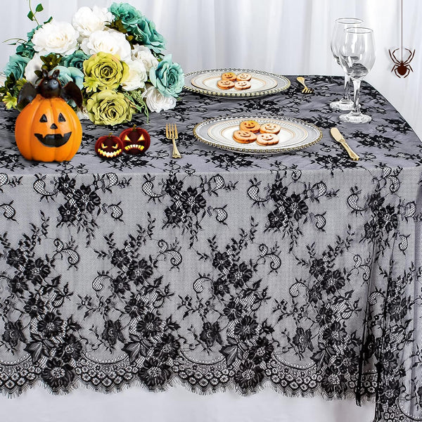ShinyBeauty Lace Tablecloth Black 60x120 Inch Vintage Floral Lace Table Overlay for Halloween Rustic Party Decor