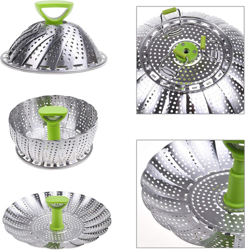 Kare & Kind Adjustable Steamer Basket, Extendable Stainless Steel Steamer with Center Handle, 5.1" to 9"