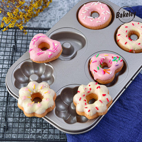 Fancy Donut Pan, 6 Cavity Heavy Duty Steel Non-stick Mold, Heart Flower Round Shaped Bund Pans for Oven Baking
