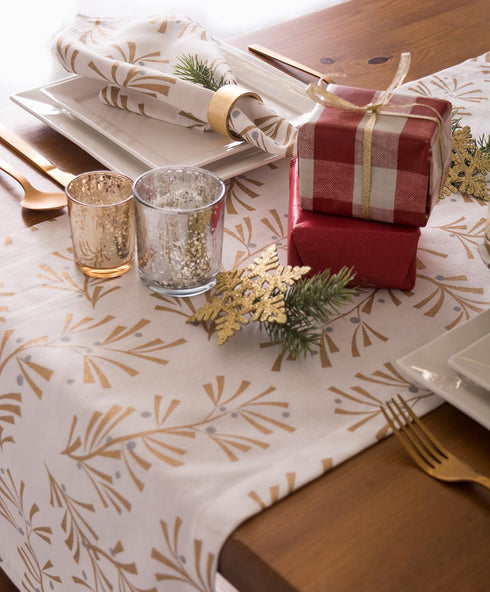 DII Holiday Dining Table Linen - Metallic Fabric Christmas Table Runner, 14x108, Gold Holly Leaves