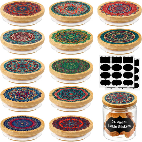 Yaomiao 12 Pieces Yogurt Jar Lids Set, Reusable Bamboo Mandala Pattern Lids with