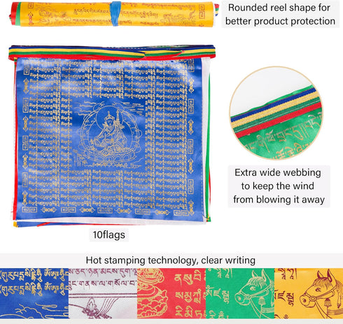 ZenBless Tibetan Prayer Flags Set, 10 Flags, 13.7"x13.4", Buddhist Flag Blessed by Tibetan Monks for Outdoor Garden