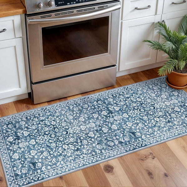 Vintage Washable 2x5 Rug, Blue and White Hallway Runner, Super Soft Non-Slip