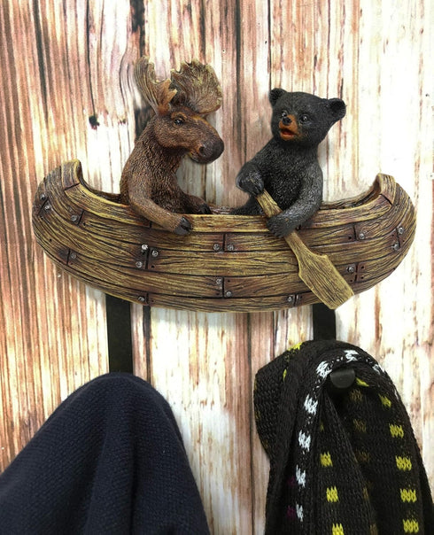 Ebros Whimsical Forest Creek Buddies Wall Hooks | Rustic Black Bear and Elk Moose Canoe 7" Wide Hanger Decor