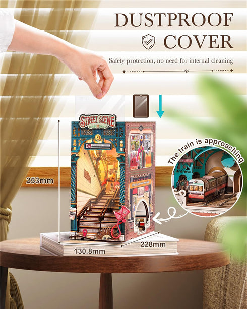 Sunset 3D Rolife DIY Book Nook Kits Street Scene, Endless Stairs Bookshelf Decor Wooden Puzzles for Adults, DIY