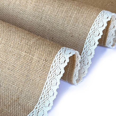 Artsy Crafts 13x108 inches Natural Burlap Table Runner with Crochet Lace, Rustic Table Mats for Boho Wedding, Baby
