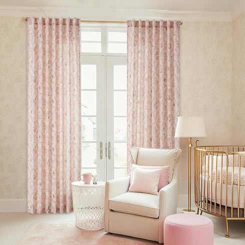 96 Inch 2 Set Pink Linen Floral Curtains Panel for Living Room Semi Sheer Light Filtering Window Curtains Blush Flower