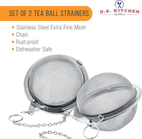 U.S. Kitchen Supply 2 Premium Stainless Steel Tea Ball Strainer Infusers, 2.1" Size, Extra Fine Mesh