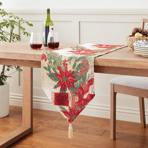 Decorative Christmas Poinsettias Candles Design Tapestry, 13" X 70" Table Runner