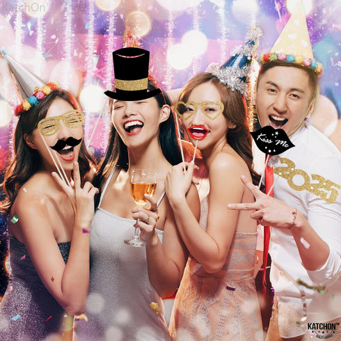 KatchOn Glitter New Years Photo Booth Props 2025 - Pack of 32 for New Years Eve Party Supplies and Decorations