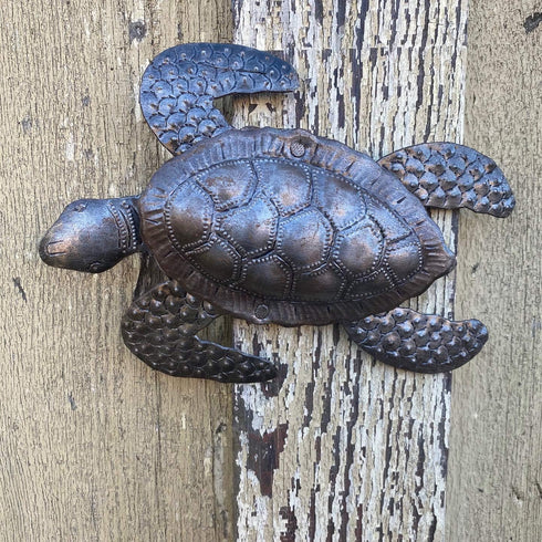 Sea Turtles Beach Metal Art - Set of 2 Nautical Wall Hanging Figurines, Handmade in Haiti, 6 x 7.75 Inches