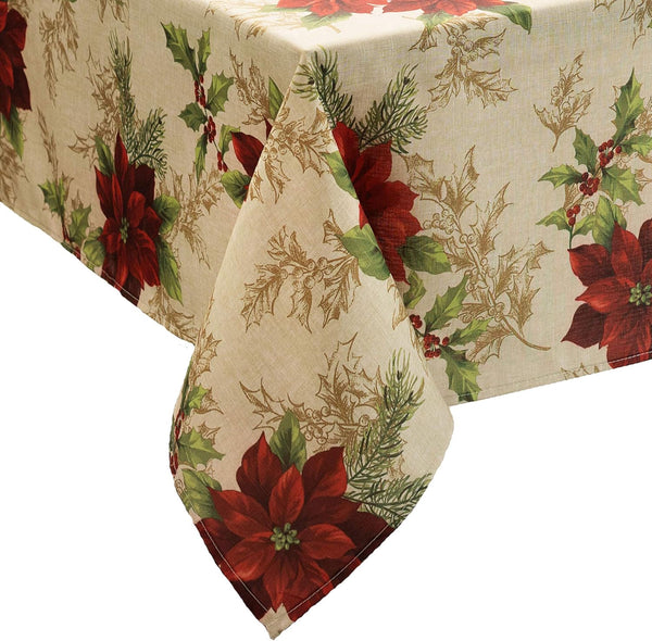 Elrene Home Fashions Festive Poinsettia Holiday Tablecloth - Wrinkle Resistant Fabric, Multi, 60"x120" Rectangle