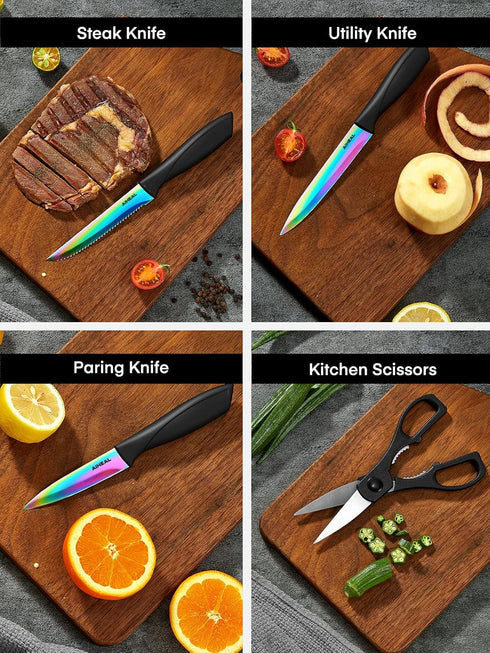 Knife Set, 16 Pieces High Carbon Stainless Steel Rainbow Color Kitchen Knives, Titanium Coating Blade, No Rust, Super