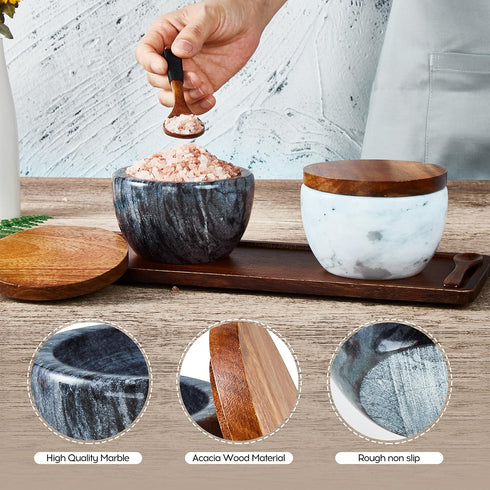 MarcZero Large Salt Box Spice Seasonings Keeper Pepper Container,Marble Base with Wooden Cover,Salt Cellar Big Capacity