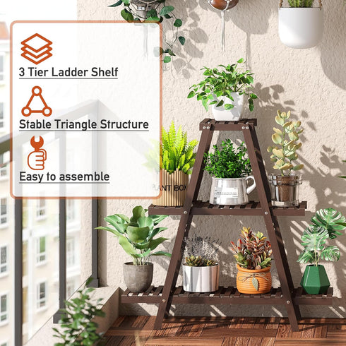 GHWIE 3 Plant Stand Indoor Plant Shelf Outdoor bamboo Plant Rack, Tiers Ladder Plant Holder Flower Stand for Living