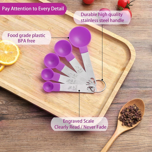 Huygens Measuring Cups and Spoons Set, 10 Pieces Stackable Stainless Steel Handle for Dry and Liquid Ingredients (Mauve)