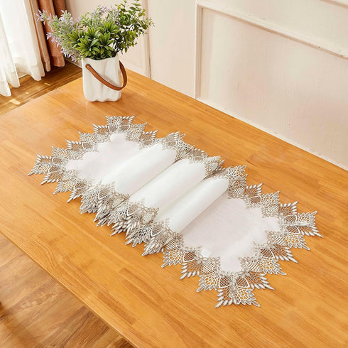 60 inches 16x60) White Linen Table Runner Long, Neutral Earth Tones Beige Lace Vinyl Dresser Scarf for Kitchen Coffee
