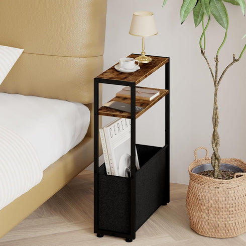 Leomonio Narrow Side Table, Slim End Tables with Fabric Basket, Skinny Table for Small Spaces, Thin Bedside Table