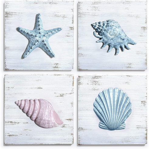 TideAndTales Beach Decor Seashell Wall Art - Set of 4 Textured 3D Shells and Starfish Decorations for Coastal Bedroom