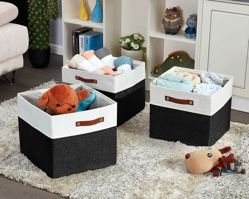 DECOMOMO Cubby Storage Bins, Fabric Storage Cubes for Kallax Shelves with Handles (Black and White, Kallax - 15"L X