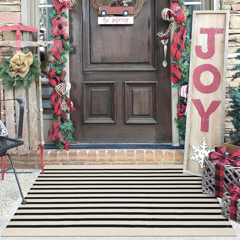 KILOCOCO Beige Striped Rug, 2.3'x3.6' Hand Woven Cotton Washable Indoor Outdoor Doormats for Front