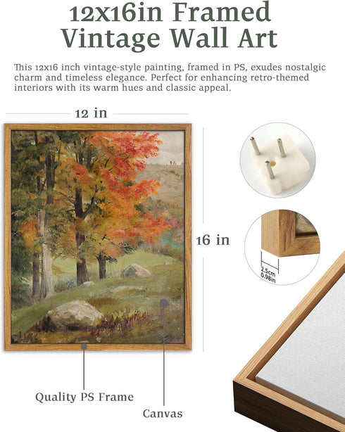 UPWOIGH Framed Wall Art,Autumn Tree Oil Painting Canvas Poster Vintage Fall Landscape Rustic Print Retro Forest Moody Wall Art Living Room Decor 12x16in