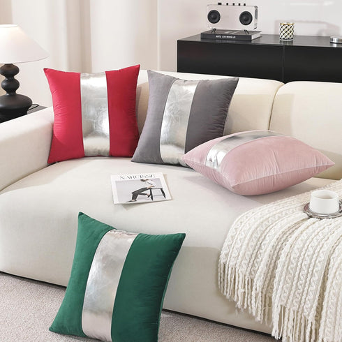 TAOSON Pack 2 1220 Inch of Velvet Decorative Throw Pillow Covers Navy Blue Patchwork with Silver Striped Leather Pillow