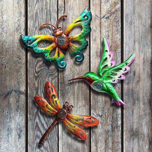 YNGFIL Hummingbird Butterfly Dragonfly Metal Wall Art, 3 Pack 9 Inch Hanging Decor for Indoor Outdoor