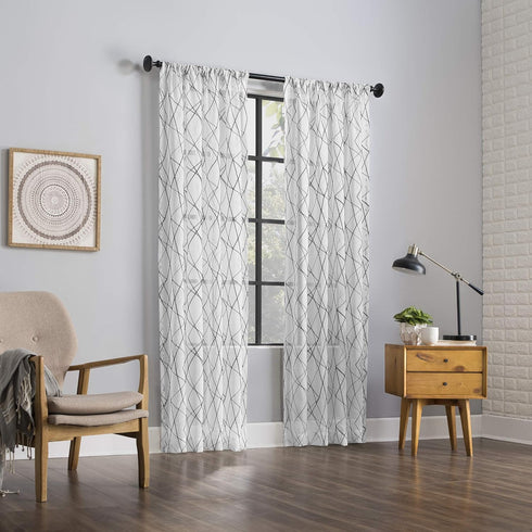 No. 918 Fraction 2-pack Mid-Century Modern Geometric Embroidery Semi-Sheer Curtain Panel Pair, 50" x 84", Black