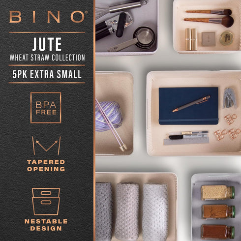 BINO | Woven Plastic Basket | XS (Natural Grey), 5-Pack | THE JUTE COLLECTION | Home Organization, Space - Saving Storage, Stylish Design | Jute Basket | Plastic Storage Basket by BINO