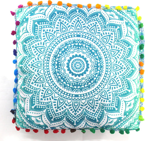 16" CRAFT KALA Green Ombre Large Hippie Mandala Meditation Floor Ottoman Pillow Cushion Pouf Cover Square Poufs
