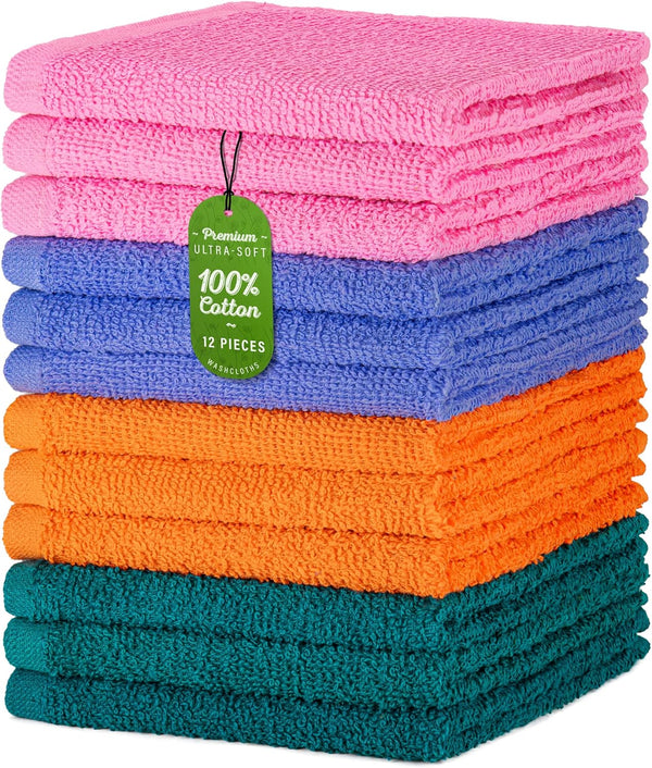 DecorRack 12 Pack 100% Cotton Wash Cloth, Luxurious Soft, 12 x 12