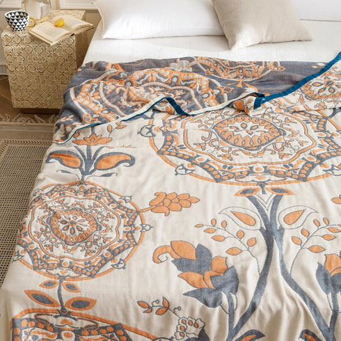 MEJU 100% 4 60 80 Round Flower Branch Boho Mandala Muslin All Season Throw Blanket for Bed Sofa Couch, Combed Cotton