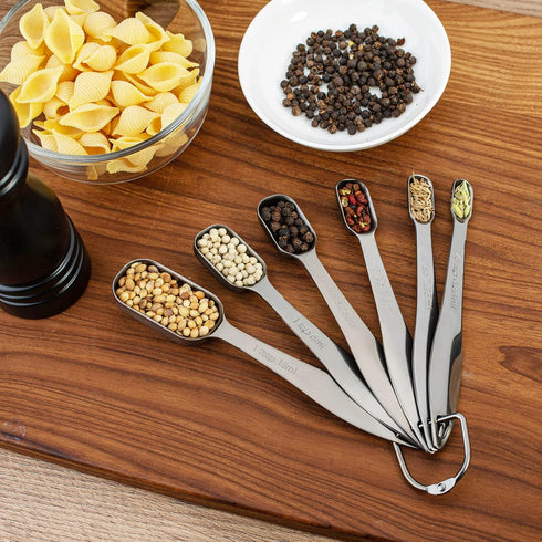 Accurate 18/8 Stainless Steel Measuring Spoons, Heavy Duty Set of 6 with Ring Connector, Dark Grey