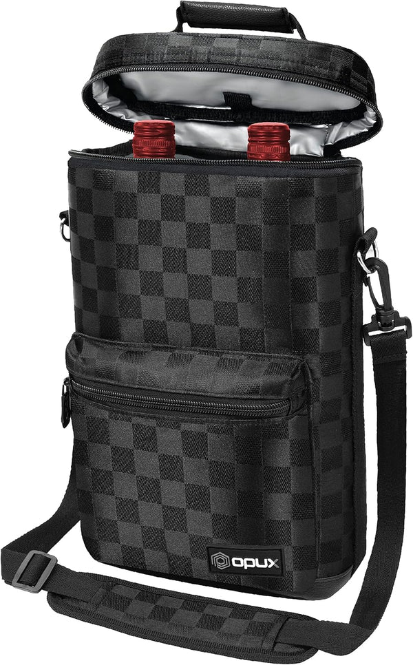 opux 2 Bottle Wine Tote Carrier, Insulated Leakproof Cooler Bag for Travel, Picnic, Black