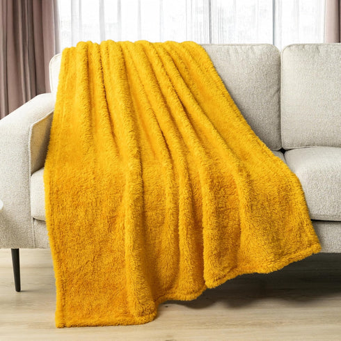 PAVILIA Sherpa Throw Blanket for Couch Sofa, Mustard Yellow Fluffy Warm Plush