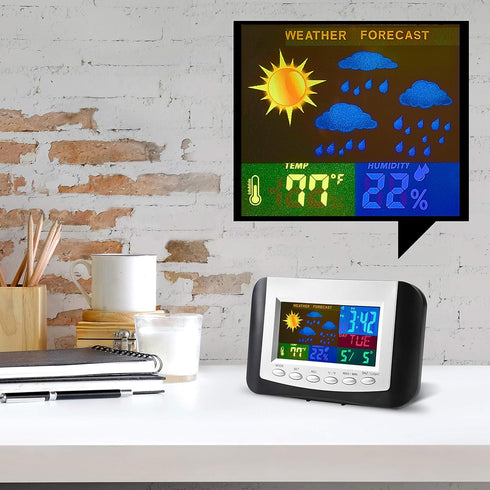 RCA Weather Station Alarm Clock, Full-Color Display with Time, Date, Temperature, Humidity, and Weather Forecast