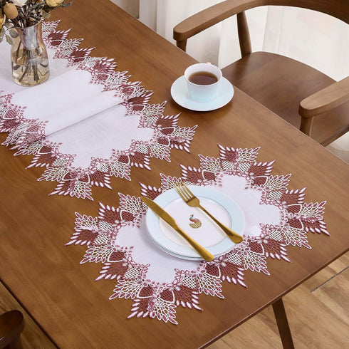 14x20 Set 2 (Set 2, White Dark Red Linen Lace Placemats of Coffee Table Topper Dresser Scarf Place Mats of Dark Red)