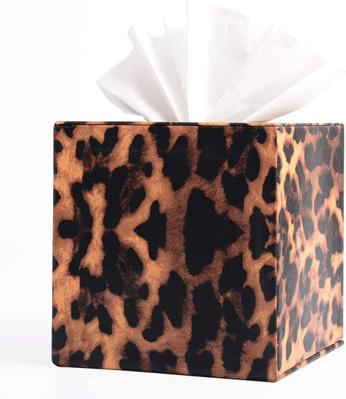S Forever Home Decor PU Leather Cube Tissue Box Holder, Square Tissue Box Cover, Leopard