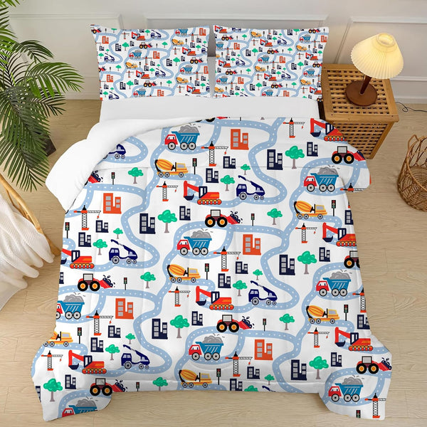 Cartoon Truck Comforter Set Twin: Construction Bedding Set for Boys Kids Children