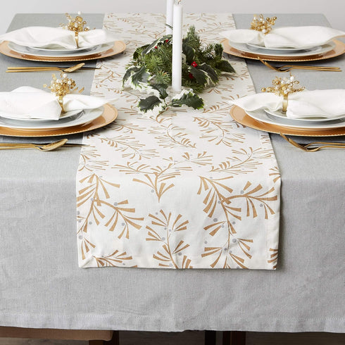 DII Holiday Dining Table Linen - Metallic Fabric Christmas Table Runner, 14x108, Gold Holly Leaves