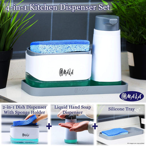 4-in-1 Set Countertop OMAIA Dish Soap Dispenser with Sponge Holder and Liquid Hand Soap Dispenser and Silicone Tray