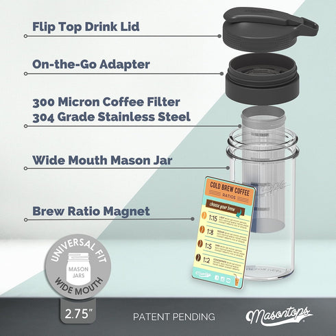 Masontops Cold Brew Makers Kit, Deluxe Iced Coffee Maker with Glass Pitcher & Stainless Steel Mesh Filter